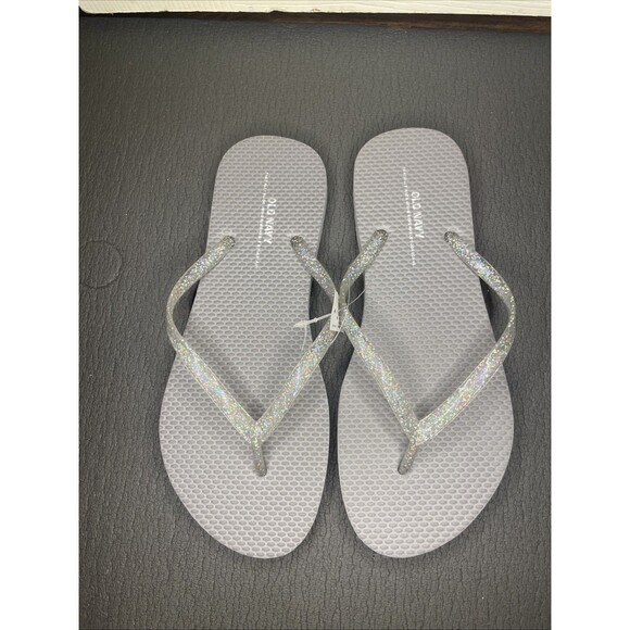 NWT Size 6 Gray & Glitter Old Navy Flip Flops Silver Sparkle Thong Sandals - Picture 1 of 6